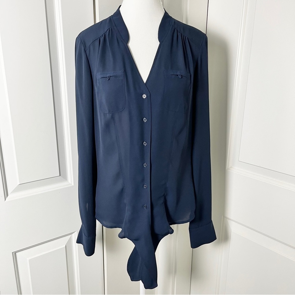 Suzy Shier Navy Button-Up Tie Front Blouse w/ Peek-a-boo Back Detail - M/L - Picture 6 of 13